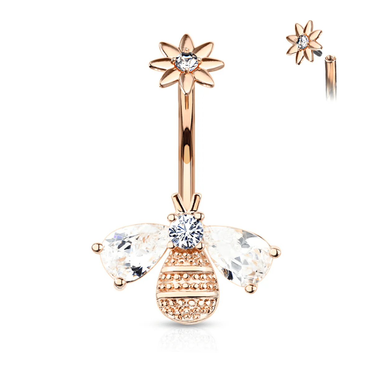 Bee with Crystal Wings Flower Top Belly Bar - Image 3
